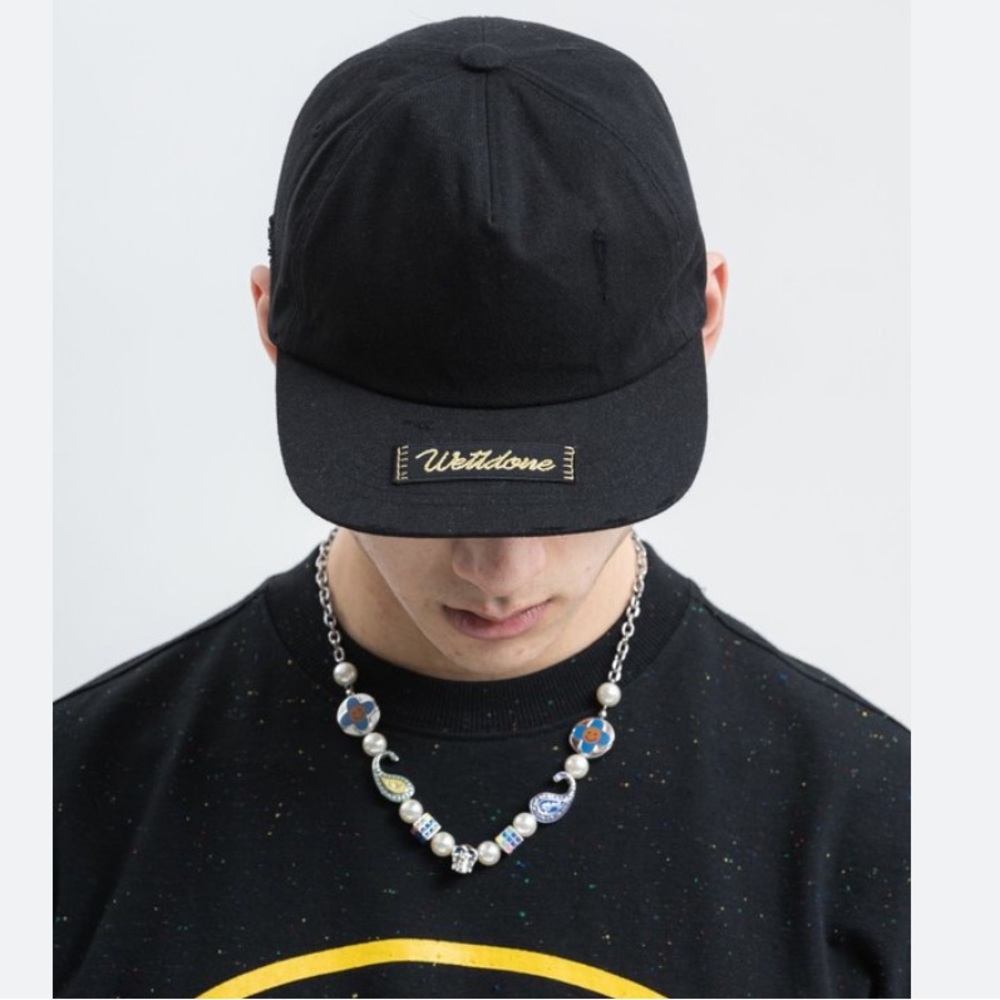 WE11DONE Black Distressed Cap